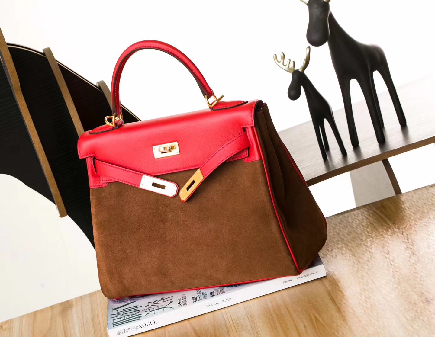 爱马仕新款凯莉包 Hermes Kelly28cm 蕃茄红Swift牛皮拼金色麂皮 金扣