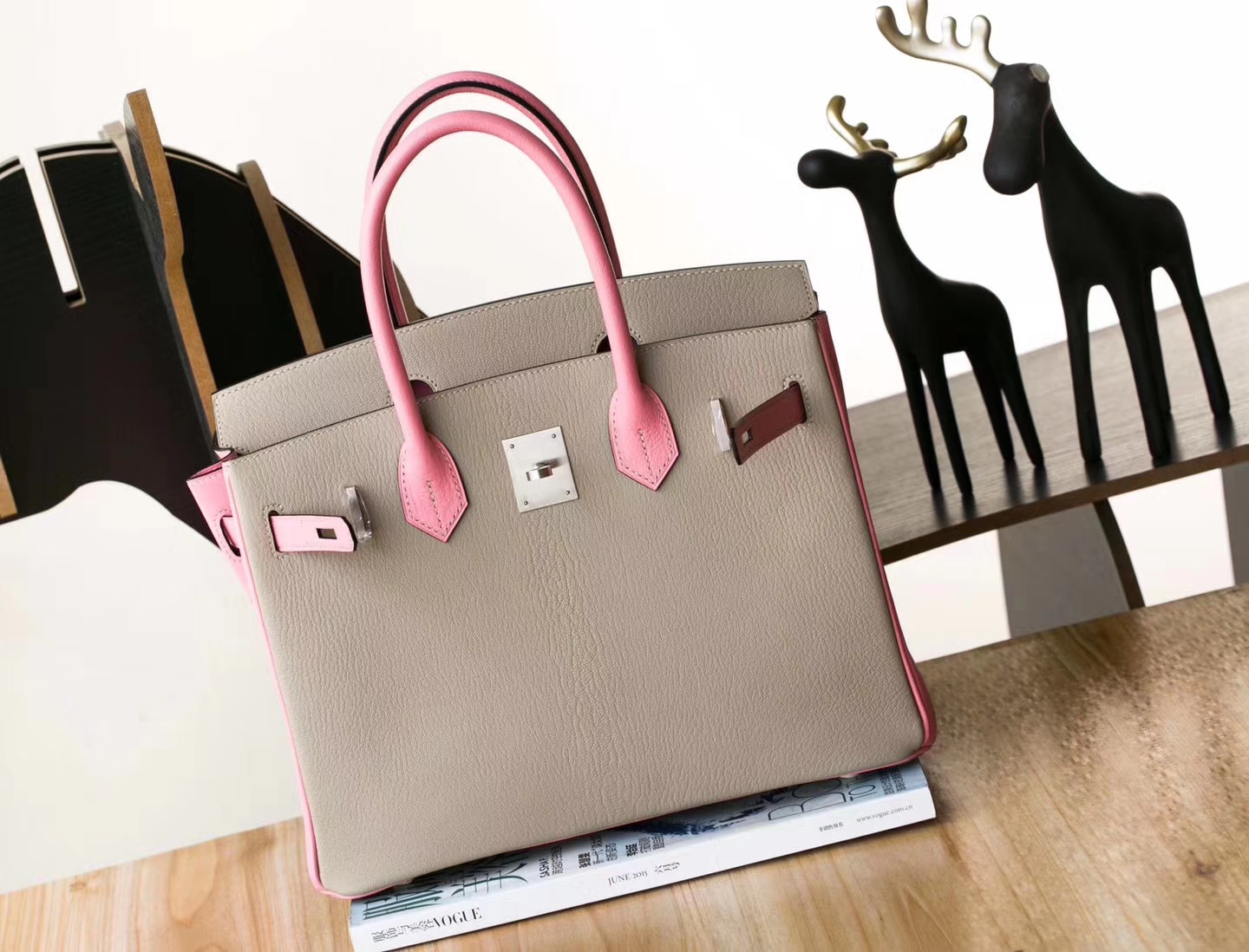 爱马仕Birkin包尺寸 Hermes CK81斑鸠灰拼奶昔粉顶级山羊皮铂金包30cm