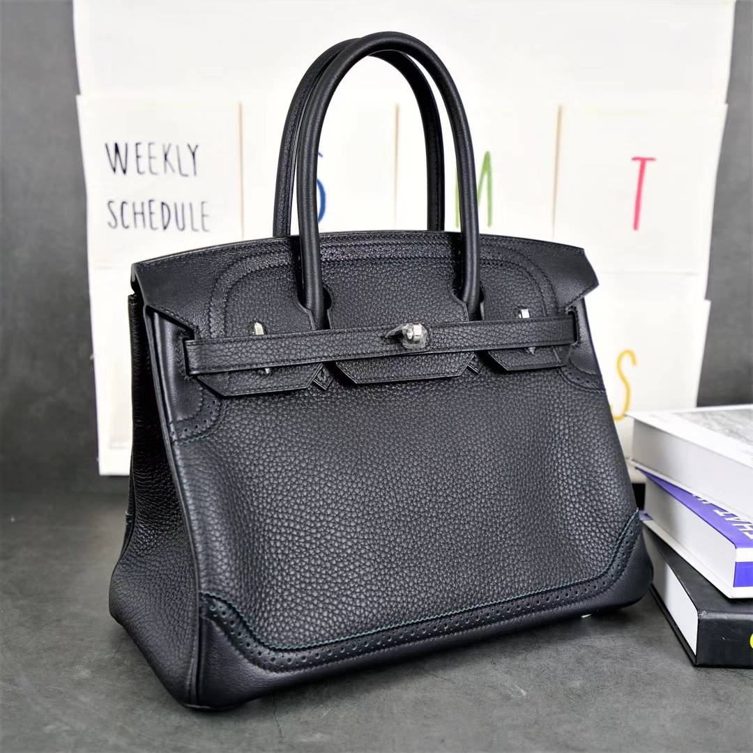 爱马仕蕾丝款铂金包 Hermes Birkin30CM 黑色顶级Togo牛皮 银扣