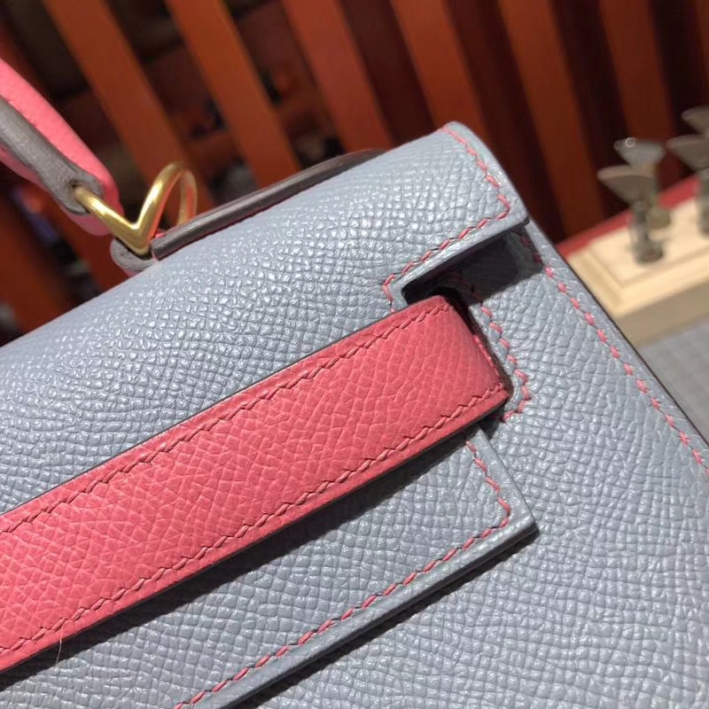 Hermes Kelly28CM 爱马仕冰川蓝拼唇膏粉手掌纹牛皮凯莉包 金扣