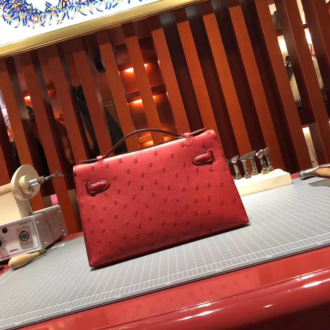 Hermes Minikelly Pochette22CM 爱马仕顶级鸵鸟皮迷你凯莉包 国旗红 金扣