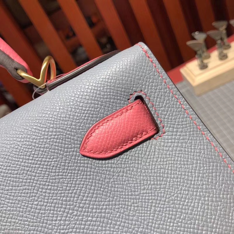 Hermes Kelly28CM 爱马仕冰川蓝拼唇膏粉手掌纹牛皮凯莉包 金扣