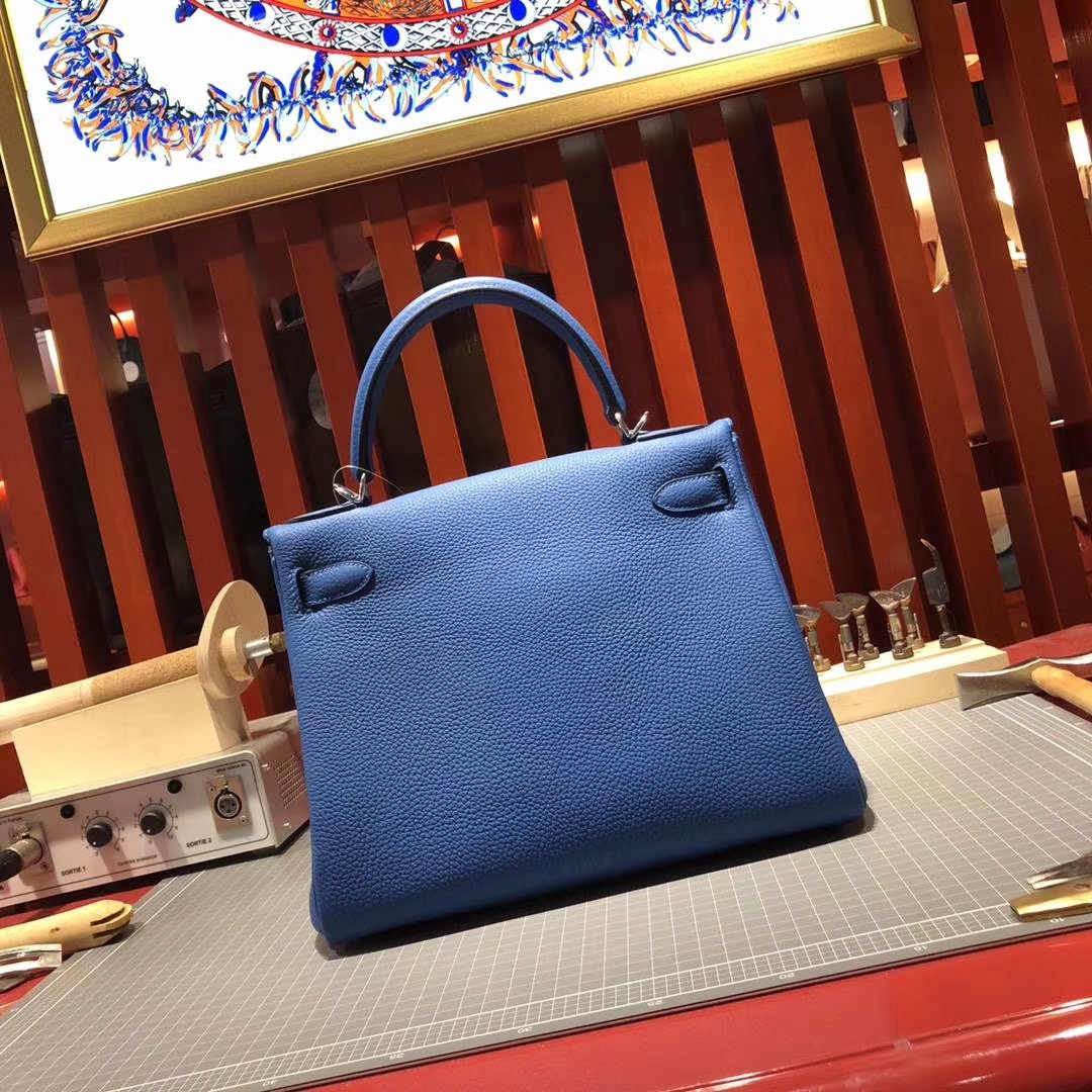 爱马仕凯莉包尺寸 Hermes Kelly28CM B3坦桑尼亚蓝Togo牛皮 金扣