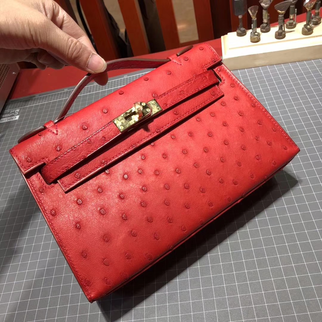 Hermes Minikelly Pochette22CM 爱马仕顶级鸵鸟皮迷你凯莉包 国旗红 金扣