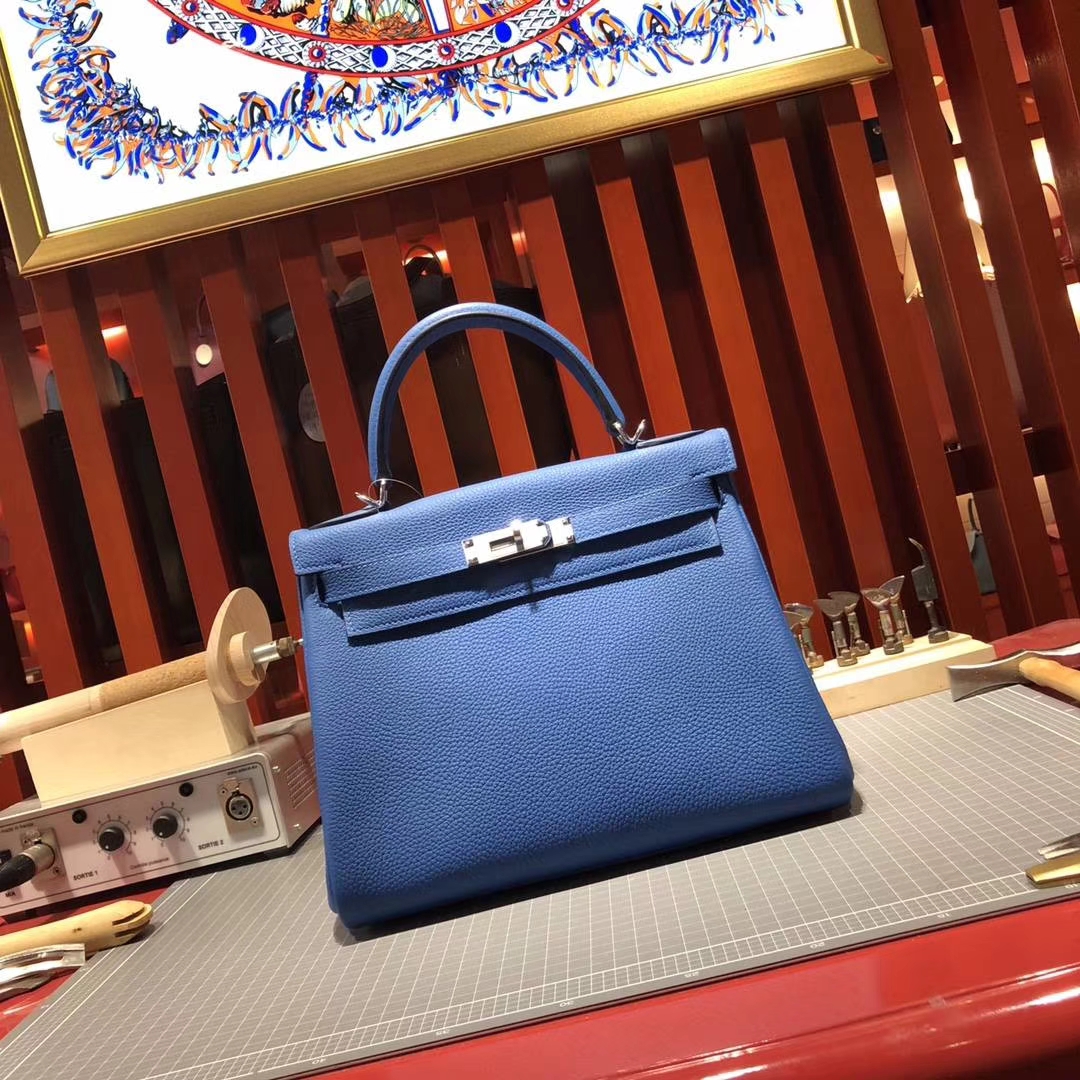 爱马仕凯莉包尺寸 Hermes Kelly28CM B3坦桑尼亚蓝Togo牛皮 金扣