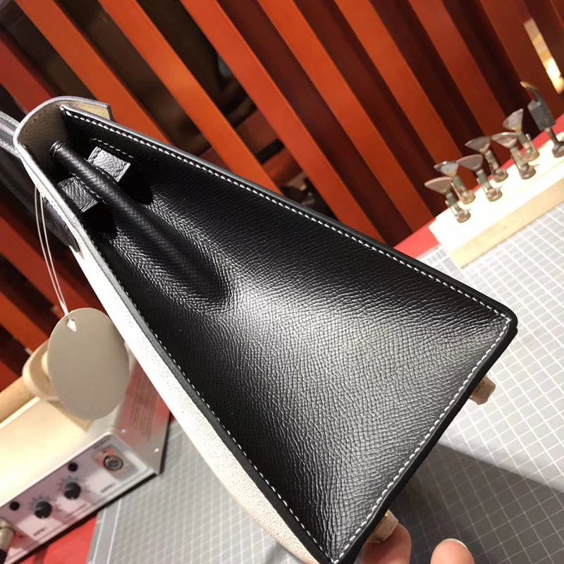 爱马仕拼色凯莉包 Hermes Kelly28CM 奶昔白拼黑色Epsom牛皮 金扣