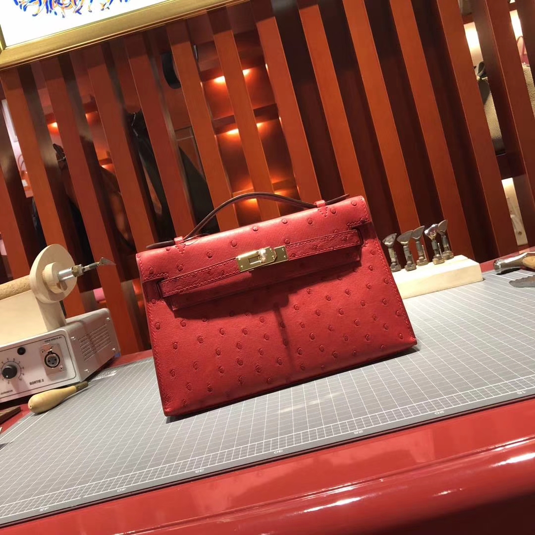 Hermes Minikelly Pochette22CM 爱马仕顶级鸵鸟皮迷你凯莉包 国旗红 金扣