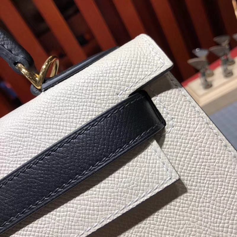 爱马仕拼色凯莉包 Hermes Kelly28CM 奶昔白拼黑色Epsom牛皮 金扣