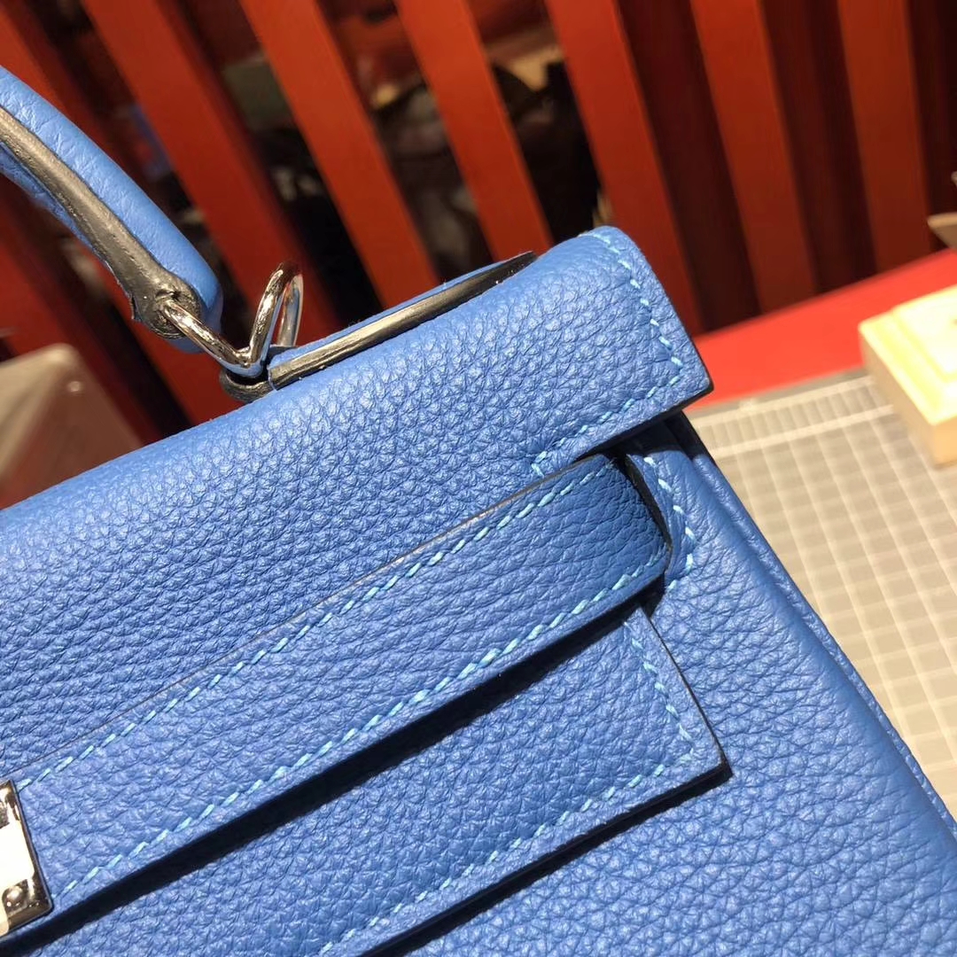 爱马仕凯莉包尺寸 Hermes Kelly28CM B3坦桑尼亚蓝Togo牛皮 金扣