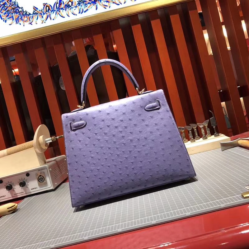 爱马仕凯莉包尺寸 Hermes Kelly25CM 薰衣草紫南非鸵鸟皮 金扣