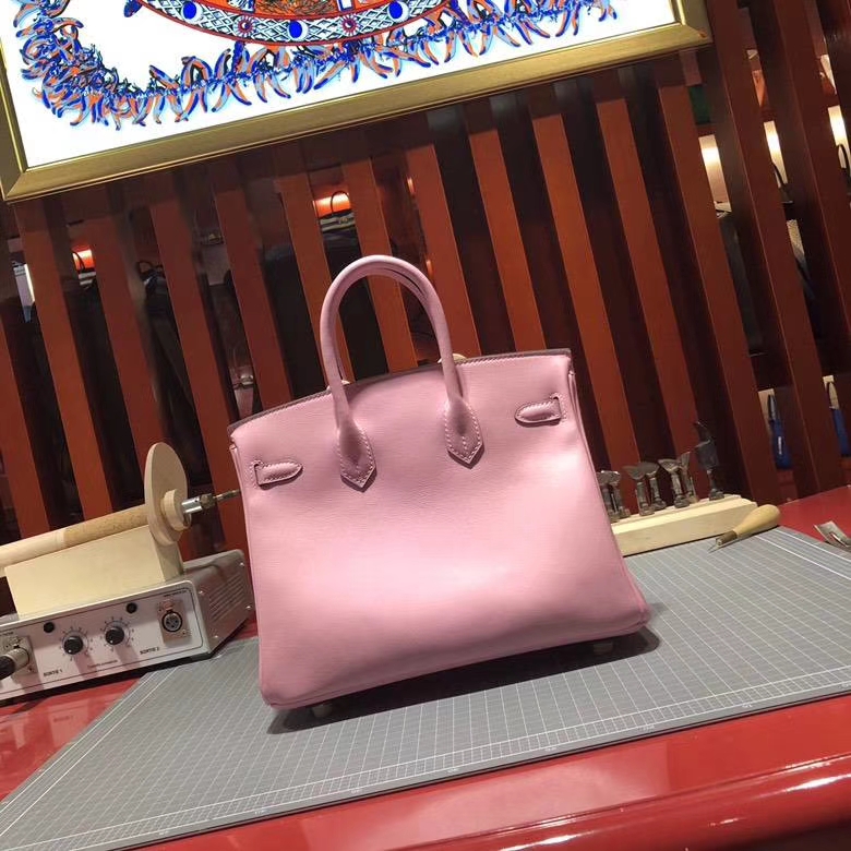 Hermes包包官网 爱马仕进口Swift牛皮Birkin25铂金包 樱花粉 金扣