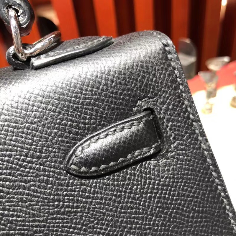 爱马仕包包官网 Hermes Kelly25CM 黑色原厂Epsom牛皮凯莉包 银扣