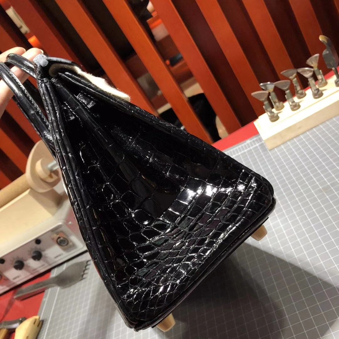 爱马仕铂金包尺寸 Hermes Birkin25CM CK89黑色亮面鳄鱼皮 金扣