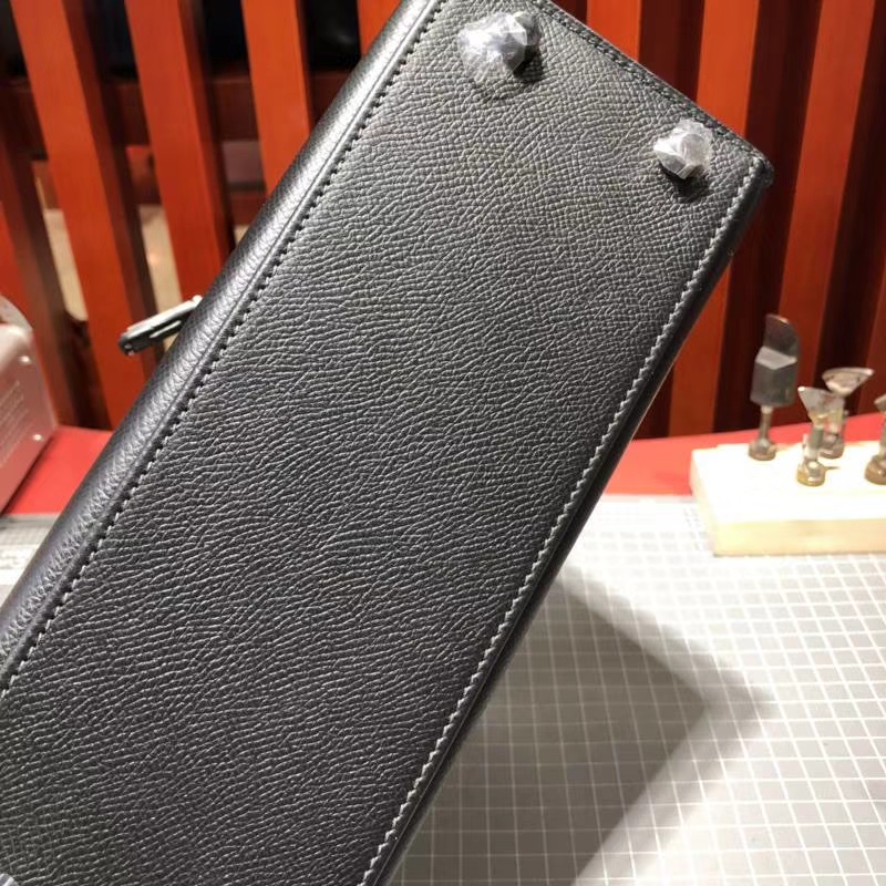 爱马仕包包官网 Hermes Kelly25CM 黑色原厂Epsom牛皮凯莉包 银扣