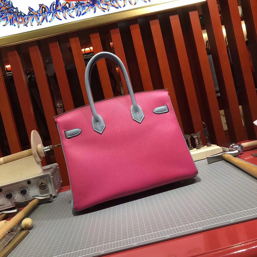 爱马仕铂金包价格 Hermes大象灰拼亚麻蓝拼玫红Epsom牛皮Birkin30CM 金扣