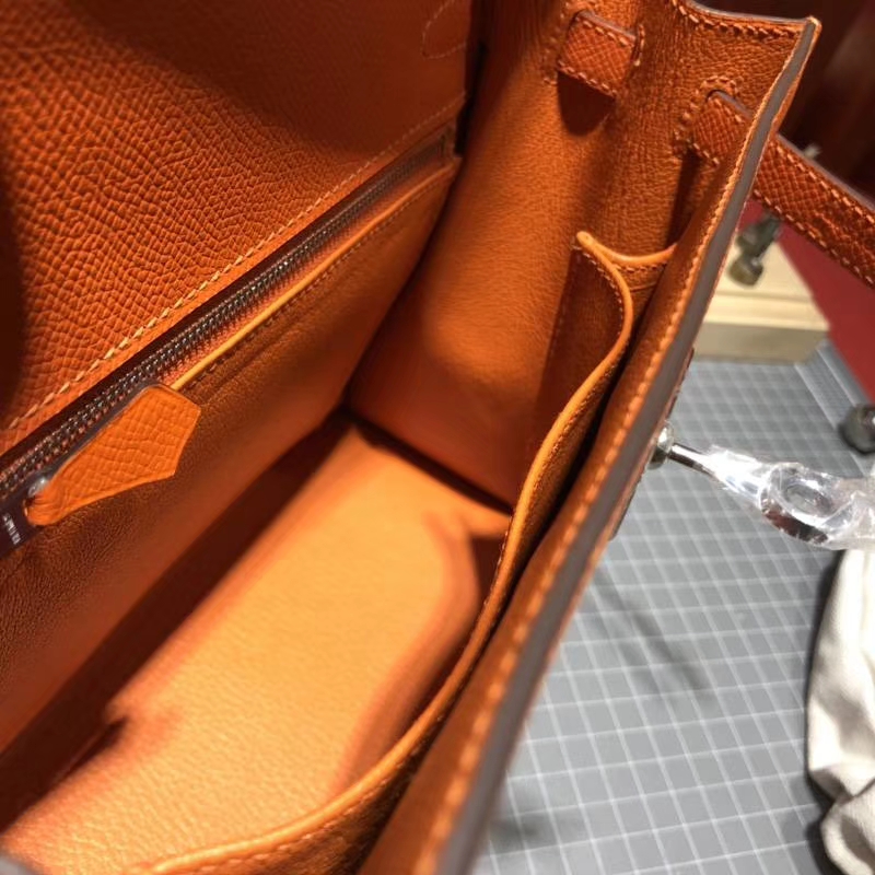 Hermes Kelly25CM 爱马仕橙色原厂Epsom牛皮凯莉包 银扣