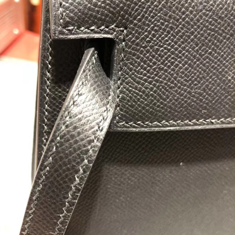 爱马仕包包官网 Hermes Kelly25CM 黑色原厂Epsom牛皮凯莉包 银扣