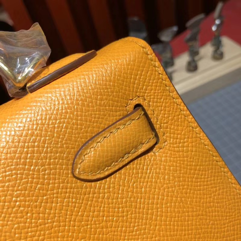 爱马仕凯莉包尺寸 Hermes Kelly25CM 太阳黄原厂Epsom牛皮 金扣