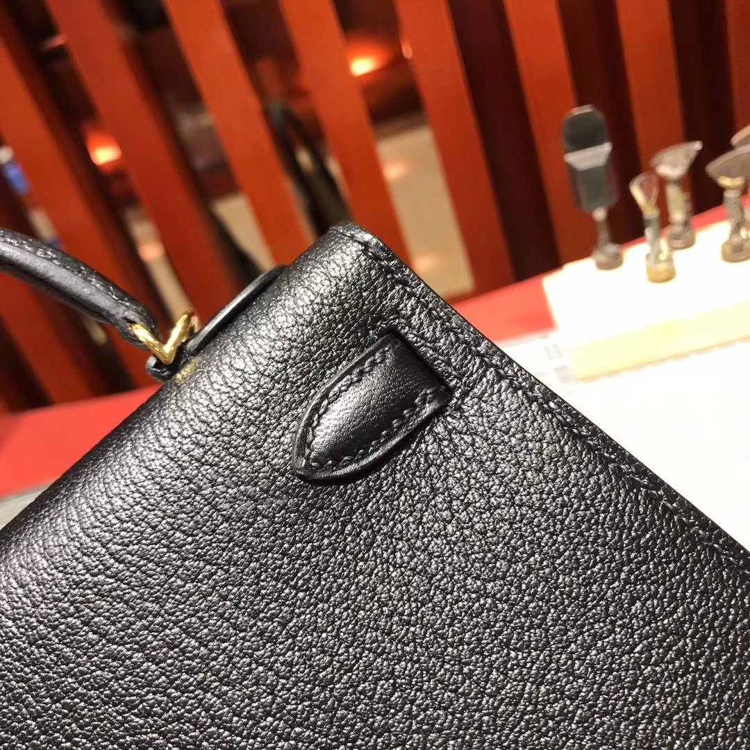 Hermes Minikelly2代 爱马仕89黑色顶级山羊皮迷你凯莉包手包19cm 金扣