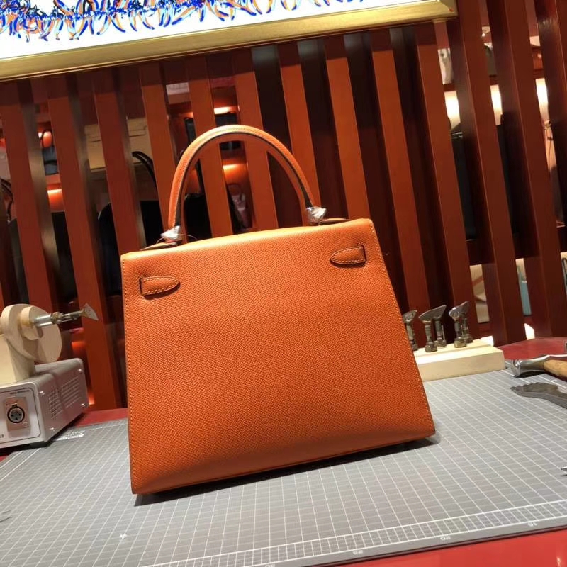 Hermes Kelly25CM 爱马仕橙色原厂Epsom牛皮凯莉包 银扣