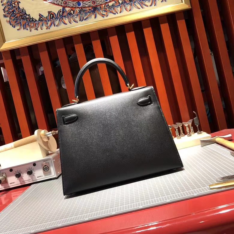 爱马仕新款凯莉包 Hermes Kelly28cm 89黑色Epsom皮配限量款肩带