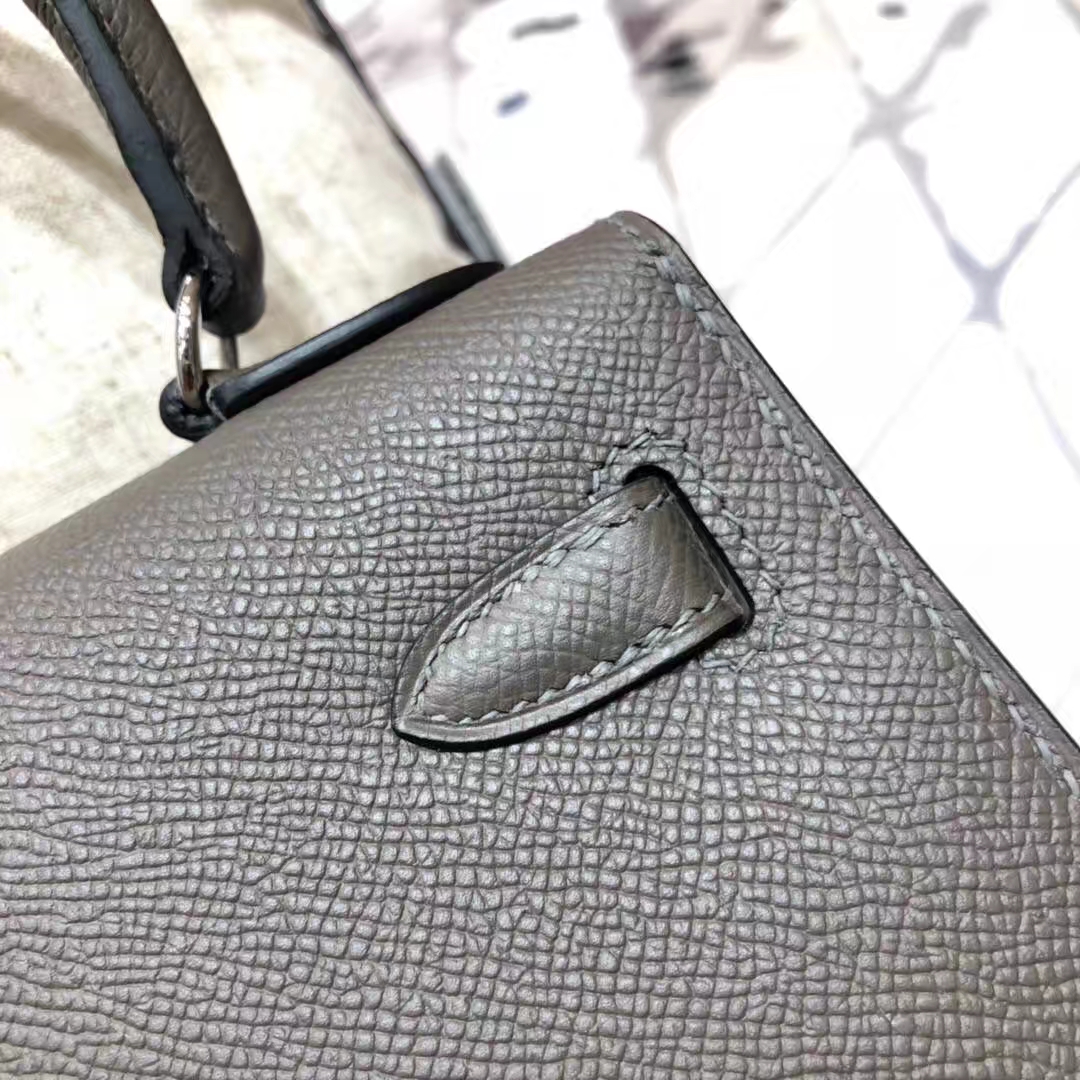 Hermes Kelly20CM 爱马仕锡器灰顶级Epsom牛皮凯莉包 银扣