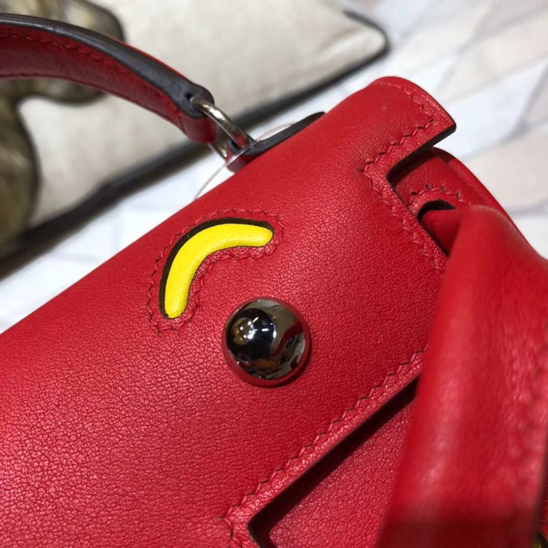 Hermes Kelly Doll 爱马仕新款女包 大红色拼黄色Swift牛皮凯莉娃娃包 银扣