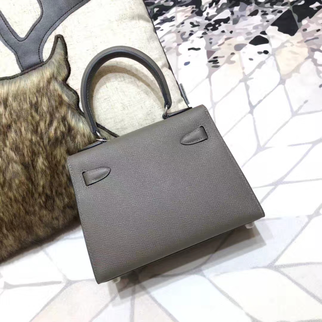 Hermes Kelly20CM 爱马仕锡器灰顶级Epsom牛皮凯莉包 银扣