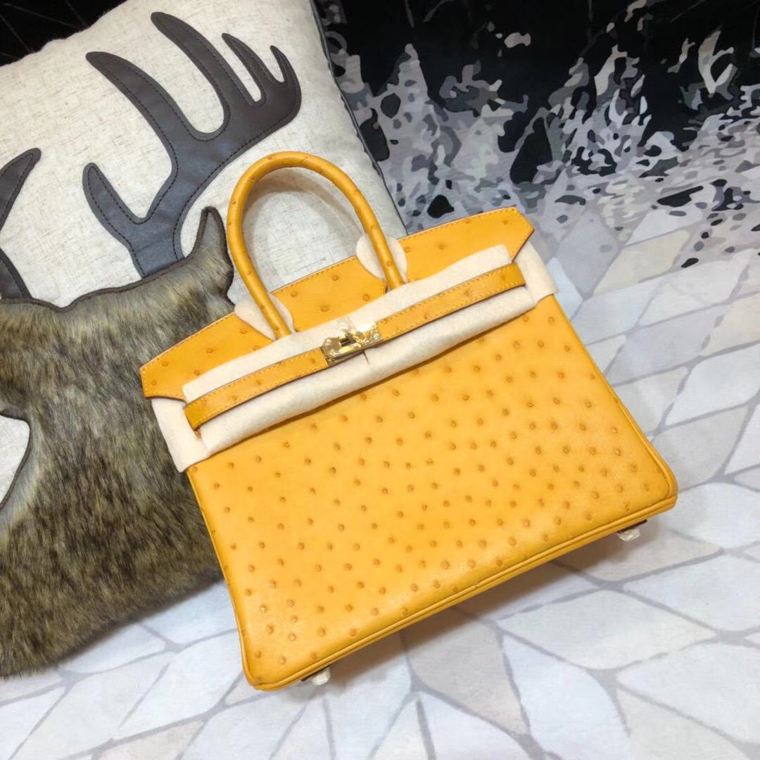 Hermes Birkin25CM 爱马仕原厂顶级鸵鸟皮铂金包 大黄色 金扣