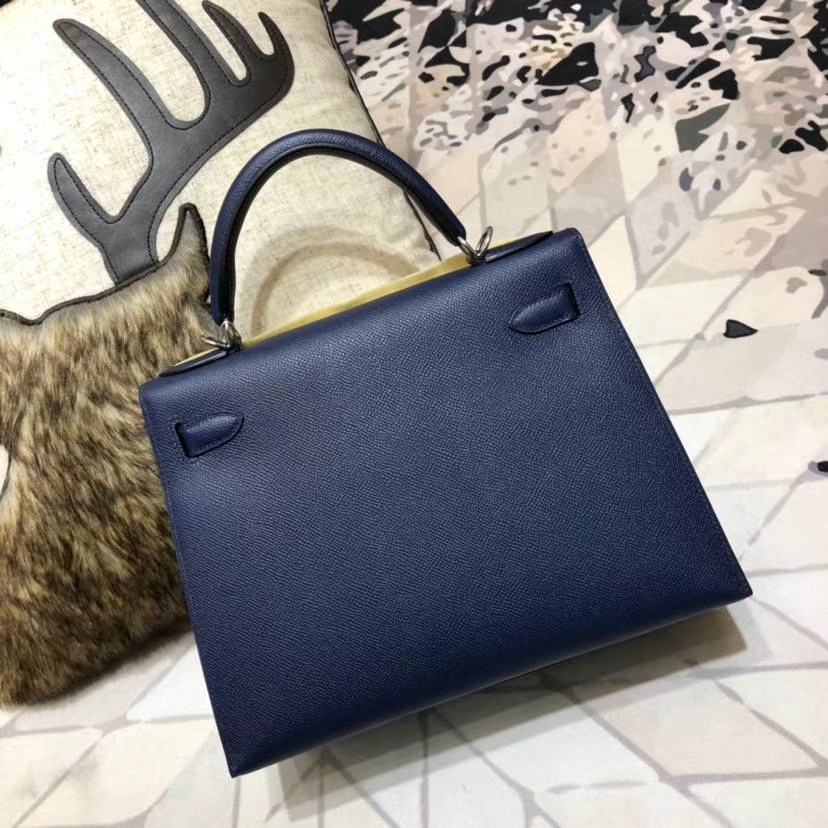 爱马仕Kelly女包 Hermes Kelly28CM 宝石蓝顶级Epsom牛皮凯莉包 银扣