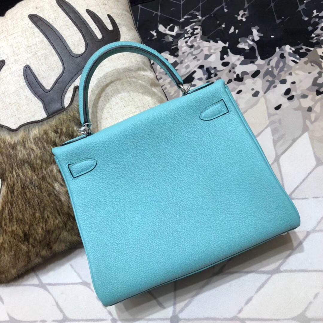 爱马仕凯莉包价格 Hermes Kelly28CM 3P马卡龙蓝Togo小牛皮 银扣