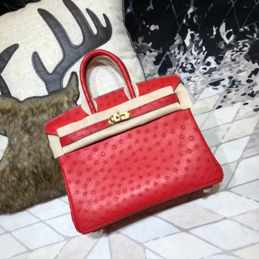 爱马仕铂金包尺寸 Hermes Birkin25CM 大红色顶级鸵鸟皮 金扣