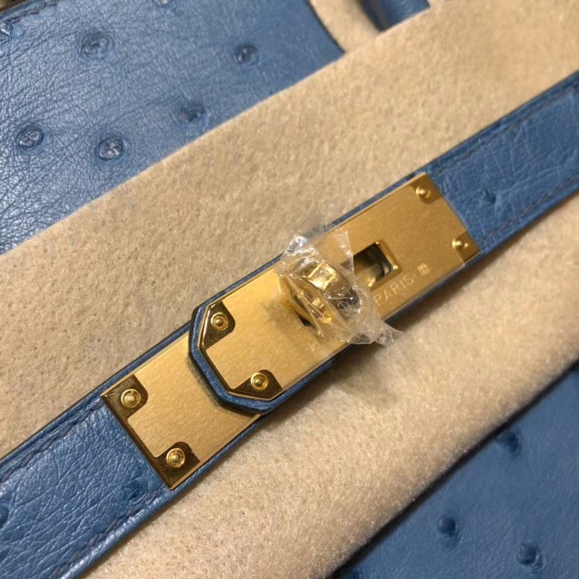 Hermes Birkin35CM 爱马仕玛瑙蓝南非鸵鸟皮铂金包 金扣