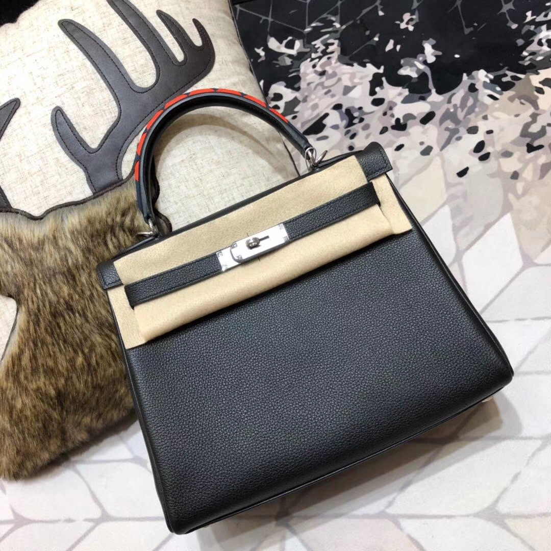 Hermes Kelly28CM 爱马仕89黑色Togo小牛皮编织手柄凯莉包 银扣