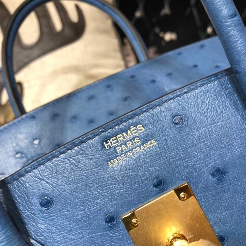 Hermes Birkin35CM 爱马仕玛瑙蓝南非鸵鸟皮铂金包 金扣