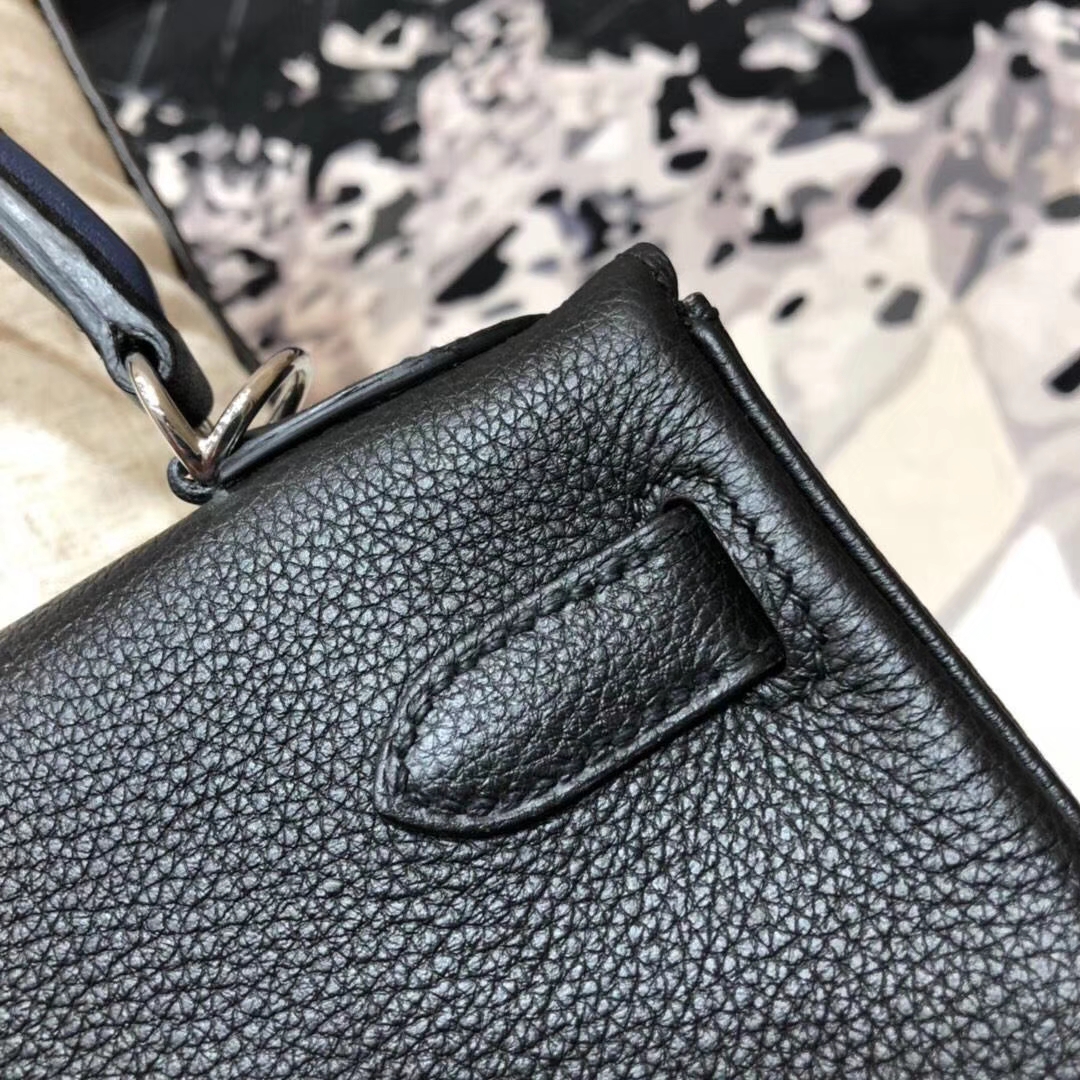 Hermes Kelly28CM 爱马仕89黑色Togo小牛皮编织手柄凯莉包 银扣