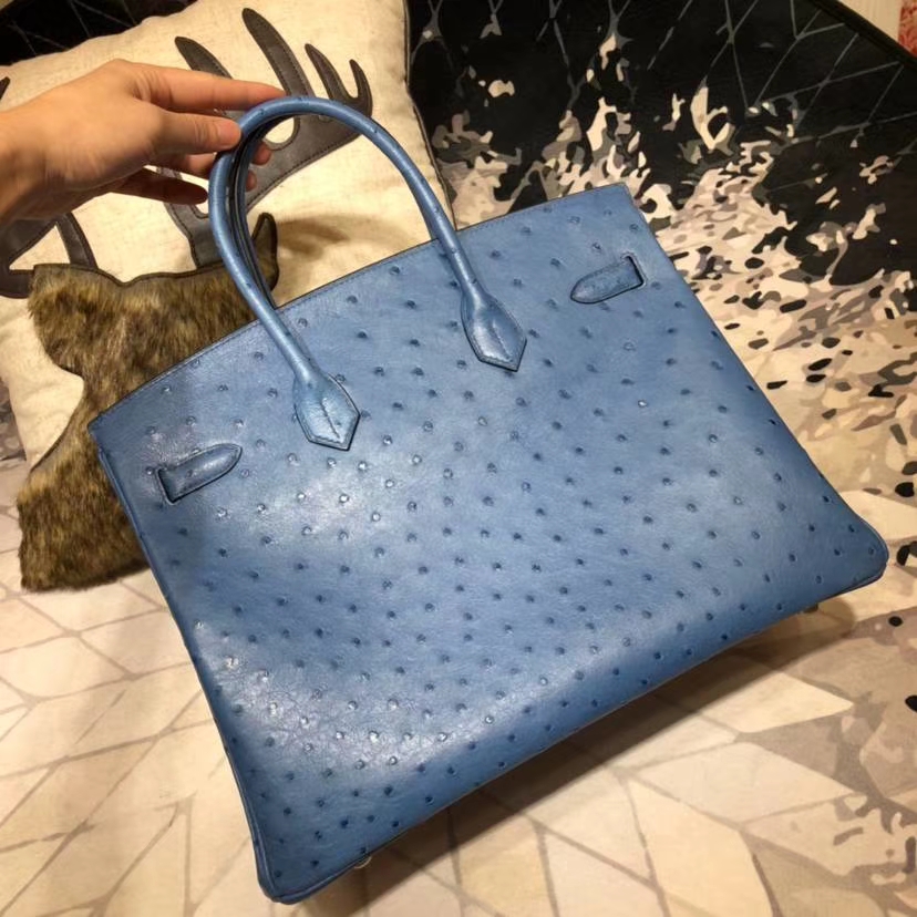 Hermes Birkin35CM 爱马仕玛瑙蓝南非鸵鸟皮铂金包 金扣