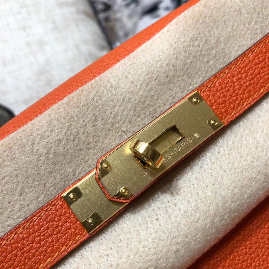 Hermes Kelly28CM 爱马仕93橙色原厂Togo牛皮凯莉包 金扣