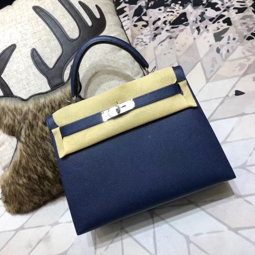 爱马仕Kelly女包 Hermes Kelly28CM 宝石蓝顶级Epsom牛皮凯莉包 银扣