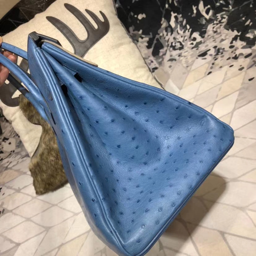 Hermes Birkin35CM 爱马仕玛瑙蓝南非鸵鸟皮铂金包 金扣