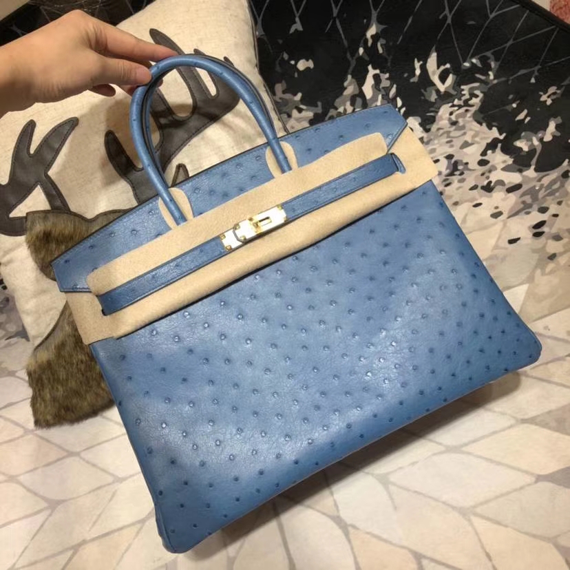 Hermes Birkin35CM 爱马仕玛瑙蓝南非鸵鸟皮铂金包 金扣