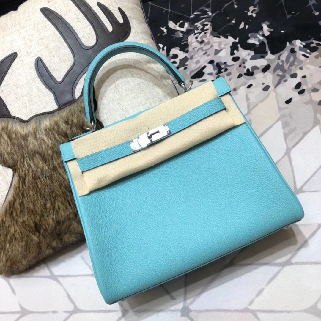 爱马仕凯莉包价格 Hermes Kelly28CM 3P马卡龙蓝Togo小牛皮 银扣