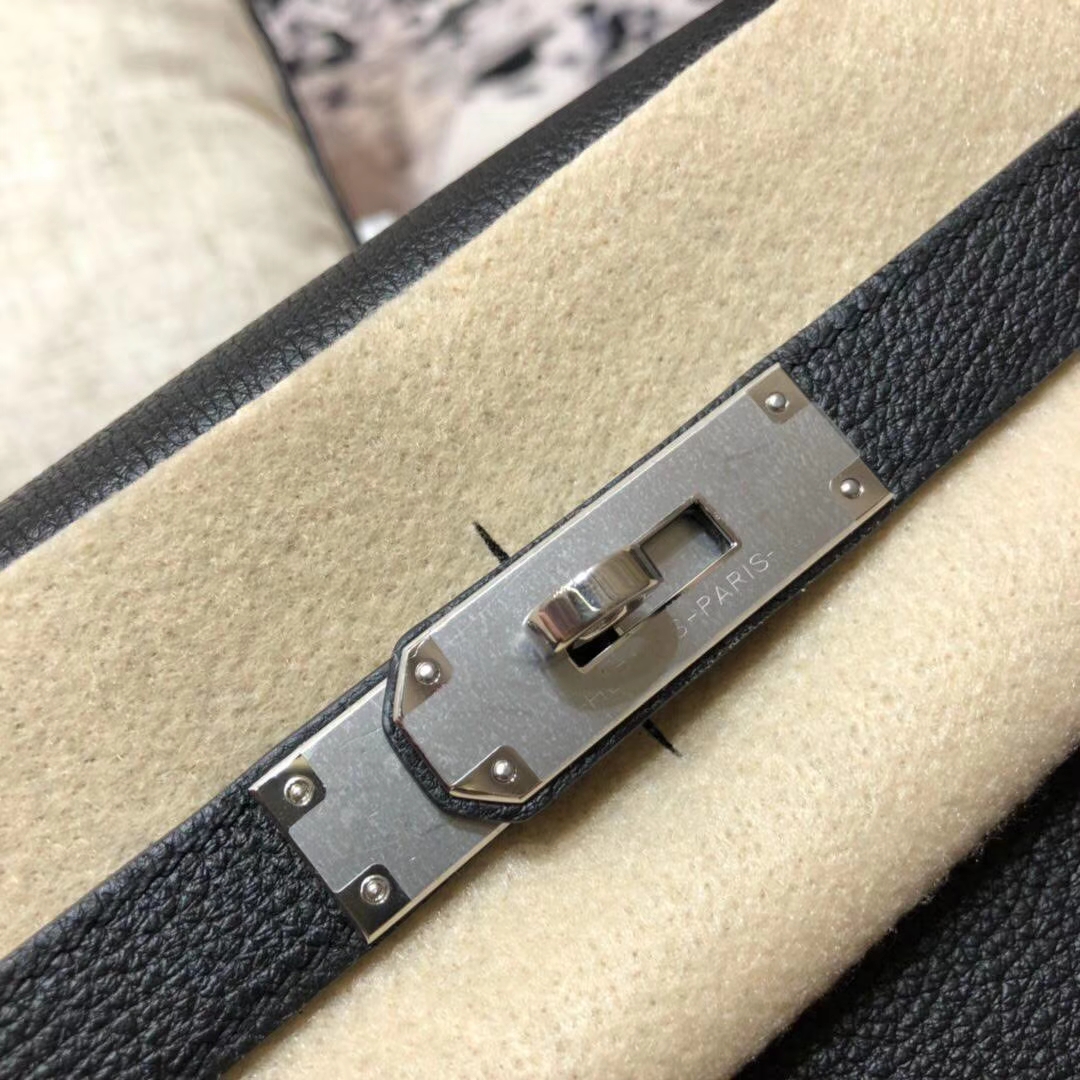 Hermes Kelly28CM 爱马仕89黑色Togo小牛皮编织手柄凯莉包 银扣