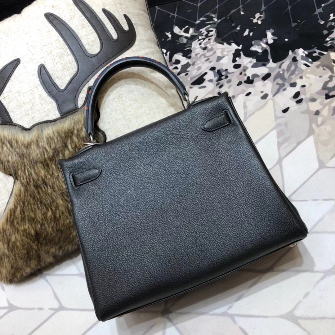 Hermes Kelly28CM 爱马仕89黑色Togo小牛皮编织手柄凯莉包 银扣