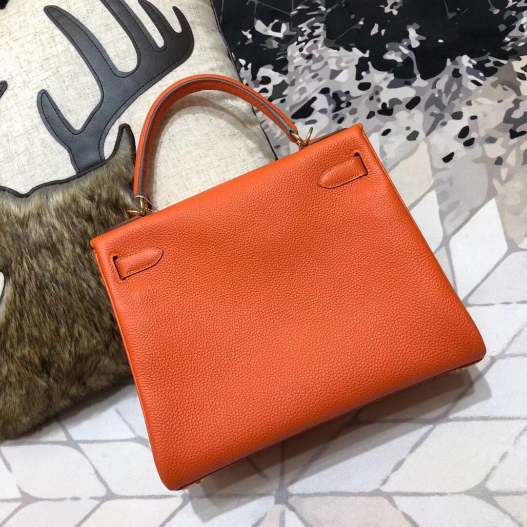 Hermes Kelly28CM 爱马仕93橙色原厂Togo牛皮凯莉包 金扣