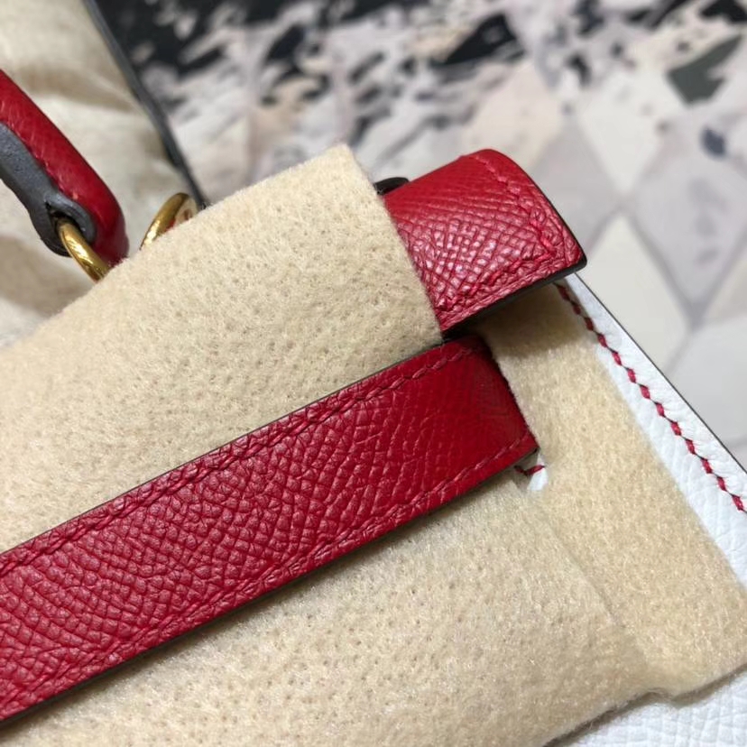 Hermes Kelly28CM 爱马仕拼色凯莉包 大红拼纯白色 掌纹牛皮 金扣