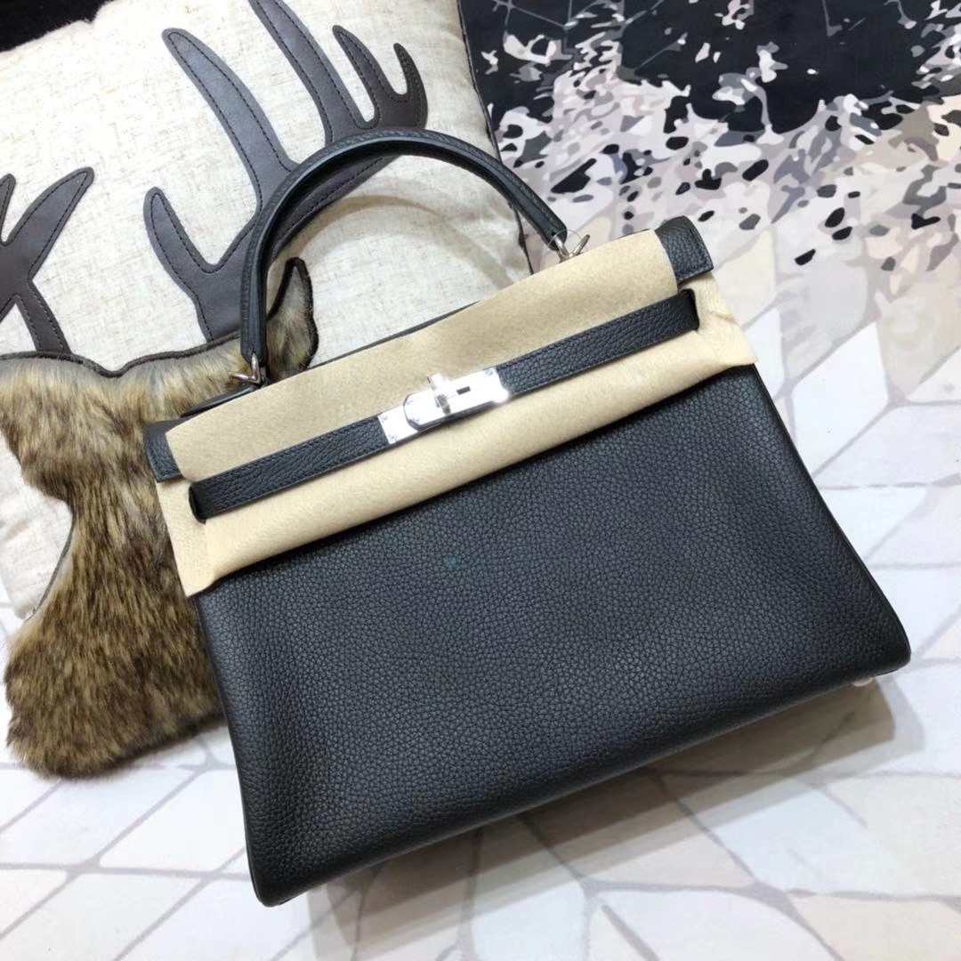 Hermes Kelly32CM 爱马仕CK89黑色原厂Togo牛皮凯莉包 银扣