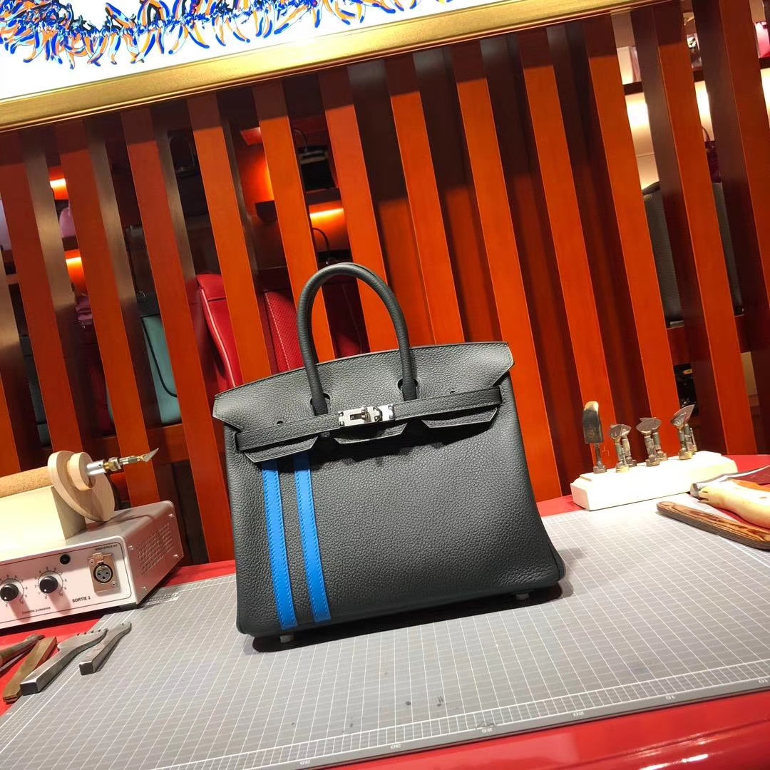 Hermes Birkin25CM 爱马仕2018新款拼色铂金包 CC88石墨灰拼B3坦桑尼亚蓝 银扣