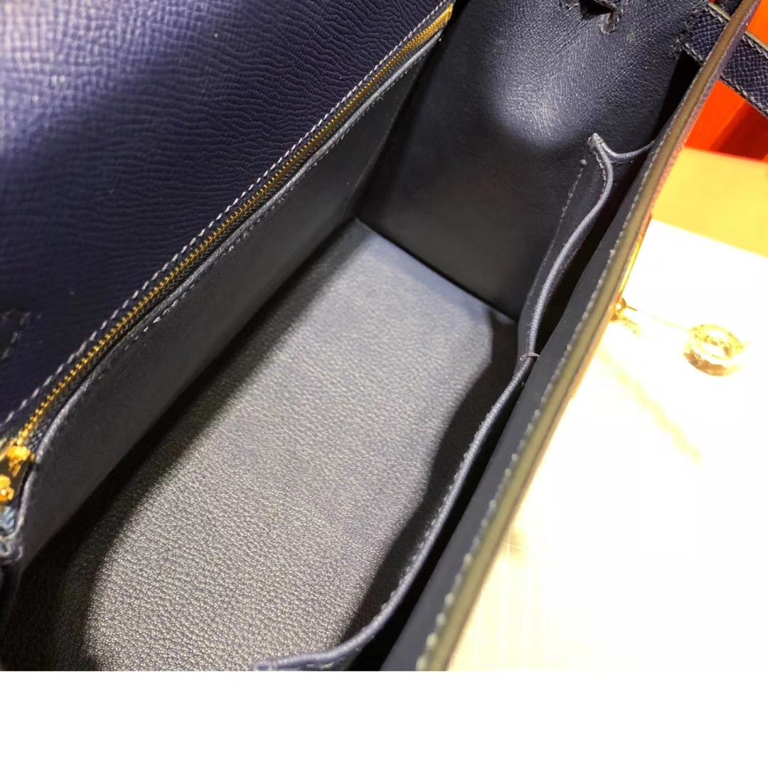 Hermes Kelly32CM 爱马仕CC73宝石蓝原厂掌纹牛皮外缝凯莉包 银扣