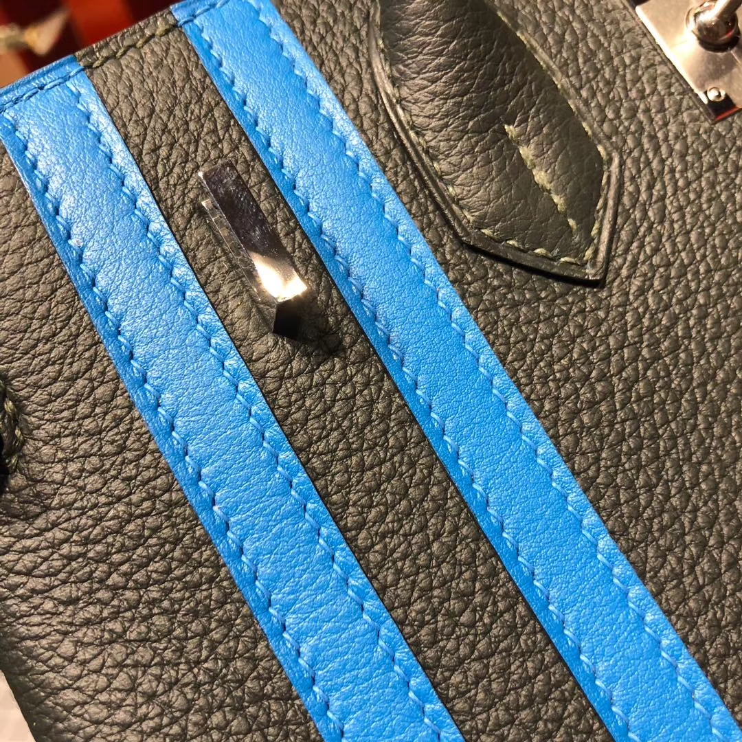 Hermes Birkin25CM 爱马仕2018新款拼色铂金包 CC88石墨灰拼B3坦桑尼亚蓝 银扣